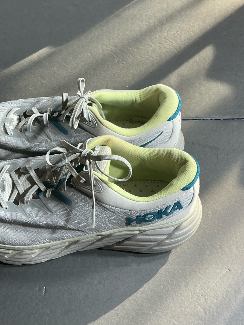 Hoka One One lite gray Running Shoes with Lime and Teal Accents
